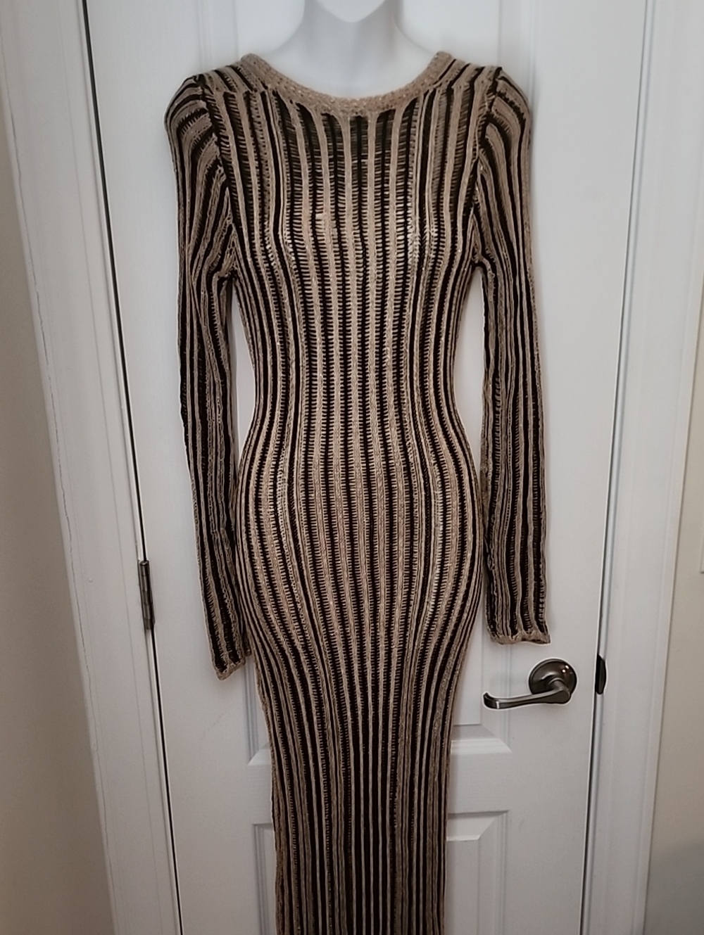 Striped Long Sleeve Maxi Dress in Beige and Black